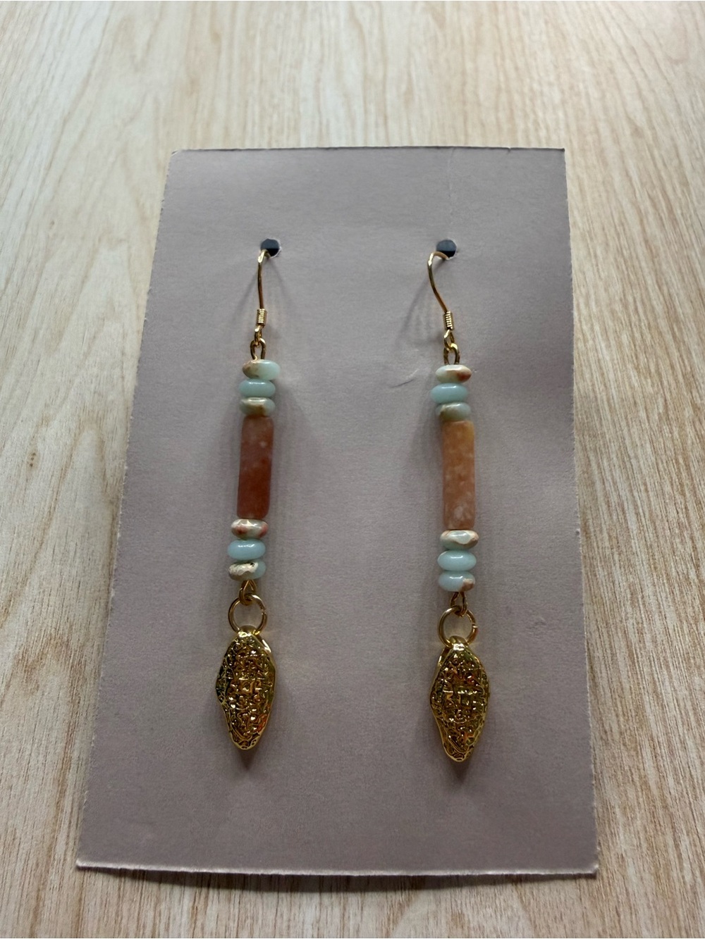 Handmade Gold-Tone Peach & Blue Beaded Drop Earrings